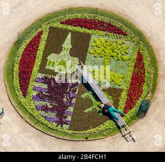 Luftbild von Schloss Berge mit Garten und Bett mit Stadtemblem von Gelsenkirchen mit Gärtner, der im Blumenbeet mit Hilfe einer Leiter in Gelsenkirchen im Ruhrgebiet in Nordrhein-Westfalen in Deutschland, Gelsenkirchen, Ruhrgebiet, Nordrhein-Westfalen, Deutschland arbeitet Stockfoto