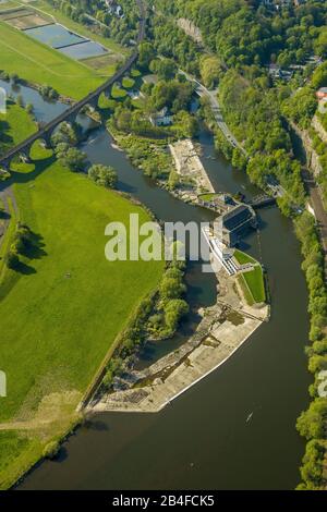 Luftbild zum Wasserkraftwerk Hohenstein in den Ruhrauen bei Witten auf einer Ruhrinsel in Witten im Ruhrgebiet im Land Nordrhein-Westfalen, Deutschland Stockfoto