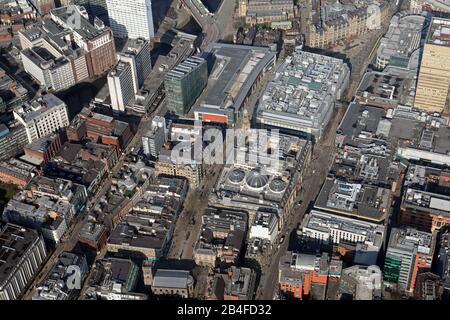 Luftaufnahme des östlichen Nordens des Gebiets zwischen Deansgate & Cross Street, Manchester Stockfoto