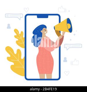 Frau schimpft mit dem neuesten Nachrichtenwort auf das Megafon Stock Vektor