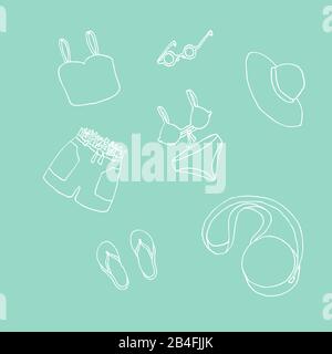 Sommerkleidung und Accessoires. Weißer Umriss auf Minzgrund. Cartoon-Doodle-Skizze kann in Karten, Postern, Flyern, Bannern, Logo, Kleidungsdesign, Mode, Textildrucken usw. verwendet werden. Vector Illustration EPS10 Stock Vektor