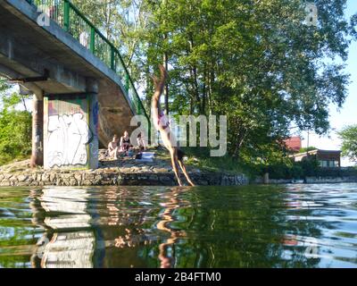 Wien / Wien, Ochsensee alte Donau (Alte Donau) und Kaiserwasser, Brücke Laberlsteg, Mann springt im 22. Donaustadt, Wien, Österreich Stockfoto