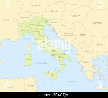 Italien Karte mit Nachbarstaaten, administrative Aufteilung und Namen mit Städten, klassische Karten Design Vektor Stock Vektor