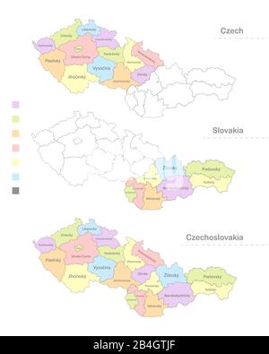 Karte der Tschechoslowakei aufgeteilt nach Verwaltungsbereichen, Tschechien und Slowakei Stock Vektor