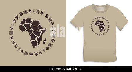 Drucken auf T-Shirt Grafikdesign, Afrika Map Globe mit Adinkra-Symbolen, afrikanisches hieroglyphs Motiv Bild, isoliert auf Hintergrundvektor Stock Vektor