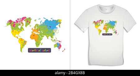 Drucken auf T-Shirt Grafikdesign, Motivbild mit Weltkarte wie Splattern, Text mit den Worten WELT DER FARBEN, isoliert auf weißem Hintergrundvektor Stock Vektor