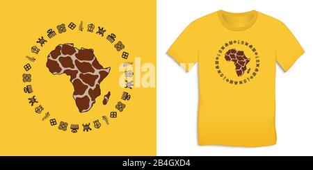 Drucken auf T-Shirt Grafikdesign, Afrika Map Globe mit Adinkra-Symbolen, Afrikanische Hieroglyphen gelbes Motiv, isoliert auf Hintergrundvektor Stock Vektor