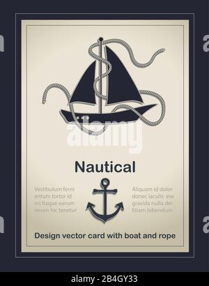 Segelschiff Nautikkarten alte Papiervorlage mit Bootsanker und Seilvektor Stock Vektor