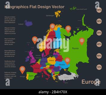 Infografik-Europakarte, flache Designfarben, mit Namen einzelner Staaten, blauer Hintergrund mit orangefarbenem Punktvektor Stock Vektor