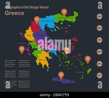 Infografik-Griechenland-Karte, flache Designfarben, mit Namen einzelner Staaten, blauer Hintergrund mit orangefarbenem Punktvektor Stock Vektor