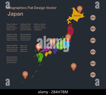Infografik-Japan-Karte, flache Designfarben, mit Namen einzelner Staaten, blauer Hintergrund mit orangefarbenem Punktvektor Stock Vektor