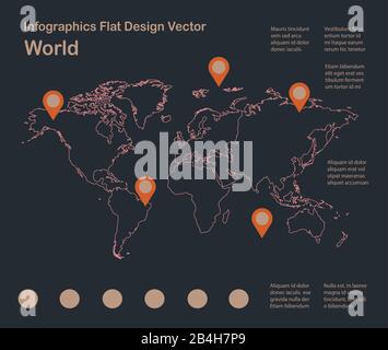 Infografiken Weltkarte Umriss, flaches Design, Farbe blau orange Vektor Stock Vektor