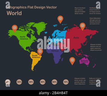 Infografik-Weltkarte, flache Designfarben, mit Namen einzelner Zustände, blauer Hintergrund mit orangefarbenem Punktvektor Stock Vektor