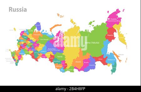 Russlandkarte, administrative Aufteilung, separate einzelne Region mit Namen, Farbkarte isoliert auf weißem Hintergrundvektor Stock Vektor