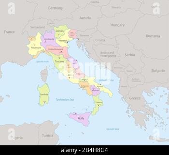 Italien Karte mit Nachbarstaaten, administrative Aufteilung und Namen mit Städten, klassische Farben Karten Design Vektor Stock Vektor