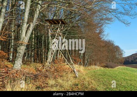 Deutschland, Baden-Württemberg, St. Johann, Ansitz, Weißwald im Längental bei St. Johann, Bioshäusergebiet Schwäbische Alb. Stockfoto