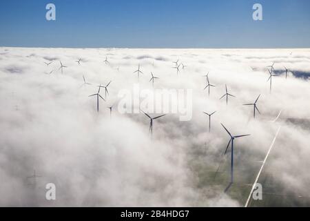 , Windturbinen aus Nebelschicht, Luftbild, Deutschland, Nordrhein-Westfalen, Ostwestfalen, Bad Wuennenberg Stockfoto