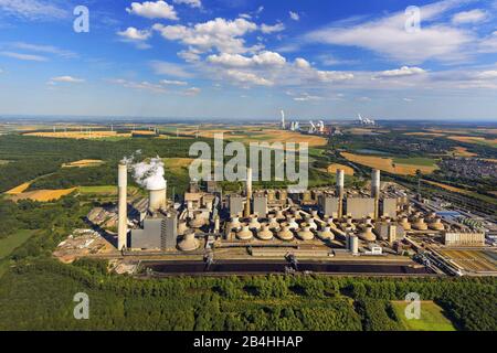 , Kraftwerk Frimmersdorf in Grevenbroich, 16.08.2013, Luftbild, Deutschland, Nordrhein-Westfalen, Niederrhein, Grevenbroich Stockfoto