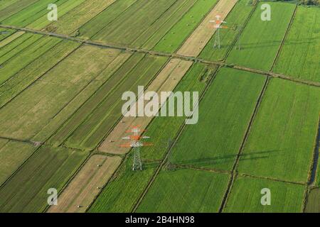 Lufttaufnahme von Stromosten auf grünen Feldern Stockfoto