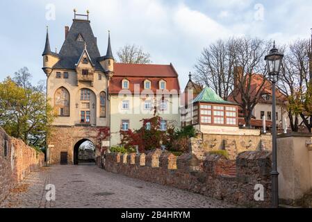 Deutschland, Sachsen, Meissen, Burgtor zur Albrechtsburg in Meissen, erbaut im 15. Jahrhundert, gilt als älteste Burg Deutschlands. Stockfoto