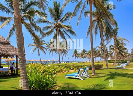 Garten mit Sonnenliegen im Hotelkomplex Crowne Plaza, Salalah, Arabisches Meer, Oman Stockfoto