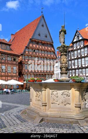 Marktplatz mit Knochenhaueramtshaus und Rolandbrunnen, Hildesheim, Niedersachsen, Deutschland Stockfoto