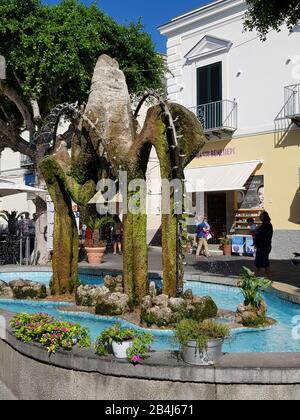 Forio, moosbedeckter Brunnen im Zentrum der mittelalterlichen Altstadt, Ischia, Italien Stockfoto