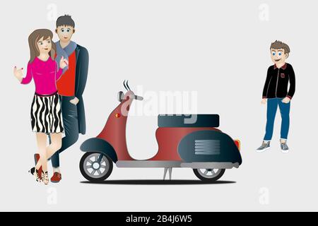 Familie mit Roller, Illustration, Grafik Stockfoto