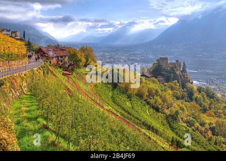 Promenade am Ort mit der Brunnenburg und Blick auf die Etsch, Dorf Tyrol, Burggrafenamt, Südtirol, Italien Stockfoto
