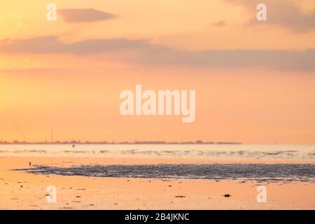 Europa, Deutschland, Niedersachsen, Otterndorf. Sonnenuntergang über der Elbmündung vor Cuxhaven. Im Vordergrund spielt sich das Abendlicht in Watte ab Stockfoto