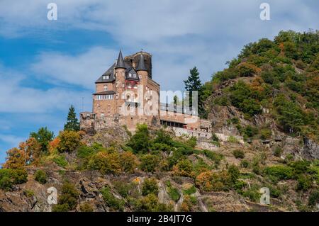 Schloss Katz über St. Goarshausen am Mittelrheinromantik, UNESCO-Welterbe Oberes Mittelrheintal, Stockfoto