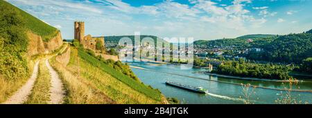 Schloss Ehrenfels, eine Hangburg, der Mausturm und das Binger Loch hinter Bingen und Bingerbrück beginnen hier das Mittelrheintal, ein Frachtschiff führt flussaufwärts, hochauflösendes Panorama mit 103 Megapixeln, Beginn des "UNESCO-Welterbes Oberes Mittelrheintal", Stockfoto