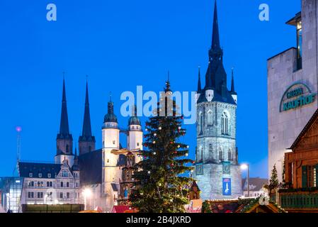 Deutschland, Sachsen-Anhalt, Halle, Marktkirche Unser Lieben Frauen, Weihnachtsbaum, Roter Turm, Saalstadt Halle. Stockfoto