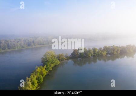 Morgennebel am Stausee Altheim, Isar, bei Landshuter, Drohnenschuss, Niederbayern, Bayern, Deutschland Stockfoto