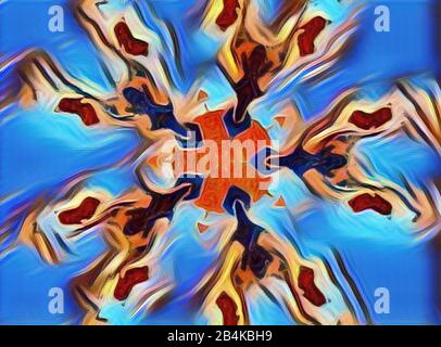 Abstraktes Malbild auf blauem textilen Texturhintergrund, orangefarbenes Sternsymbol Stockfoto