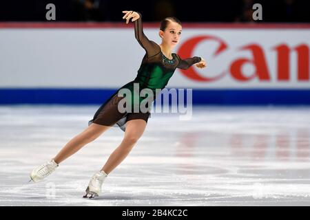 Tallinn, Estland. März 2020. Anastasia Shabotova aus der Ukraine tritt während des Kurzprogramms der Damen bei den ISU World Junior Figure Skating Championats in Tallinn, Estland, 6. März 2020 auf. Kredit: Sergei Stepanov/Xinhua/Alamy Live News Stockfoto