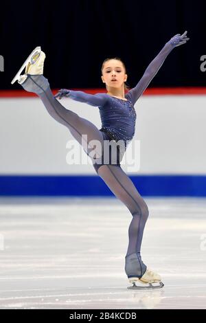 Tallinn, Estland. März 2020. Kamila Valieva aus Russland tritt während des Kurzprogramms der Damen bei den ISU World Junior Figure Skating Championats in Tallinn, Estland, 6. März 2020 auf. Kredit: Sergei Stepanov/Xinhua/Alamy Live News Stockfoto