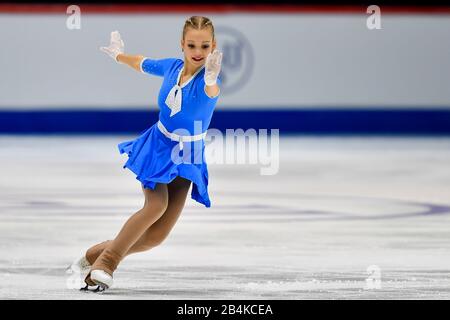 Tallinn, Estland. März 2020. Milana Romashova aus Weißrussland tritt während des Kurzprogramms der Damen bei den ISU World Junior Figure Skating Championats in Tallinn, Estland, 6. März 2020 auf. Kredit: Sergei Stepanov/Xinhua/Alamy Live News Stockfoto