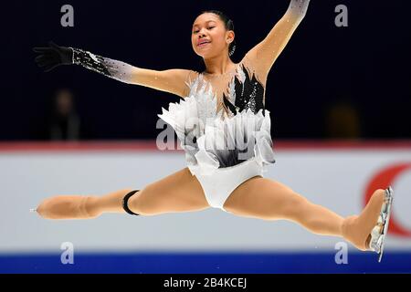 Tallinn, Estland. März 2020. Victoria Alcantara aus Australien tritt während des Kurzprogramms der Damen bei den ISU World Junior Figure Skating Championats in Tallinn, Estland, 6. März 2020 auf. Kredit: Sergei Stepanov/Xinhua/Alamy Live News Stockfoto