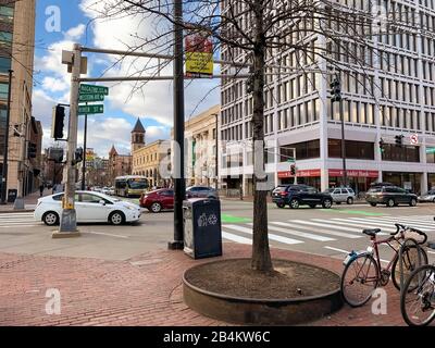 Cambridge MA USA - ca. märz 2020 - Central Square in Cambridge MA Stockfoto