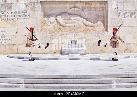 Evzone Soldaten, die Wachablösung, Athen, Griechenland, Europa, Stockfoto