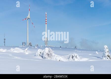 Deutschland, Baden-Württemberg, Schwarzwald, die Hornisgrinde. Im Hintergrund Windkraftanlage und der SWR-Sendeturm. Stockfoto