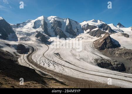 Schweiz, Graubünden, Engadin, Oberengadin, Blick von Diavolezza auf Piz Palü, Bellavista, Crast'Agüzza und Persgletscher Stockfoto