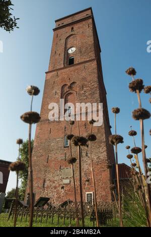 Deutschland, Niedersachsen, Nordsee, Ostfriesische Inseln, Nationalpark Wattenmeer, Borkum, Alter Leuchtturm aus geringer Perspektive Stockfoto