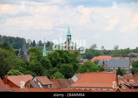 Deutschland, Sachsen-Anhalt, Quedlinburg, Blick auf Fachwerkhäuser in der Weltkulturerbe-Stadt Quedlinburg. Stockfoto