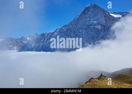 Blick von Honegg auf den Hoehenweg auf die kleine Scheidegg bei Wengen über das Tal von Grindelwald zur Nordwand des Eigers. Stockfoto