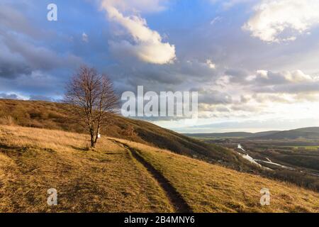 Bratislava (Pressburg): Berg Devinska Kobyla (Thebener Kogel) (links), Flussmarsch, Bezirk Devinska Nova Ves (Theben-Neudorf) in der Slowakei Stockfoto