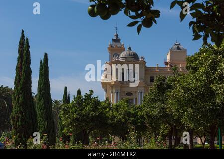 Eines Tages in Málaga; Impressionen aus dieser Stadt in Andalusien, Spanien. Die Gärten "Jardines de Pedro Luis Alonso" und das Rathaus von Málaga, ein Werk der Architekten Guerrero Strachan und Manuel Rivera Vera. Stockfoto