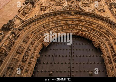 Kathedrale von Málaga: Santa Iglesia Catedral Basílica de la Encarnación, seit 1931 Nationaldenkmal (Bien de Interés Cultural). Detailaufnahme: Holztür. Stockfoto