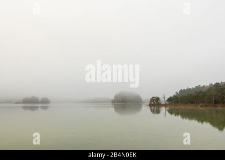 Herbststimmung am Fohnsee, dem großen Ostersee. Am rechten Ufer sieht man einen einzigen toten Baum im Wald und durch den Nebel die Inseln. Stockfoto